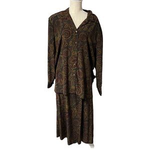 NWT Elisabeth 2 Piece Long Sleeve Button Up Blouse Skirt Brown Paisley Womens 22